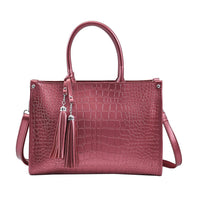 TLV Metallic Brown Crocodile Pattern Genuine Leather Convertible Tote Bag (13.38"x5.51"x9.84")