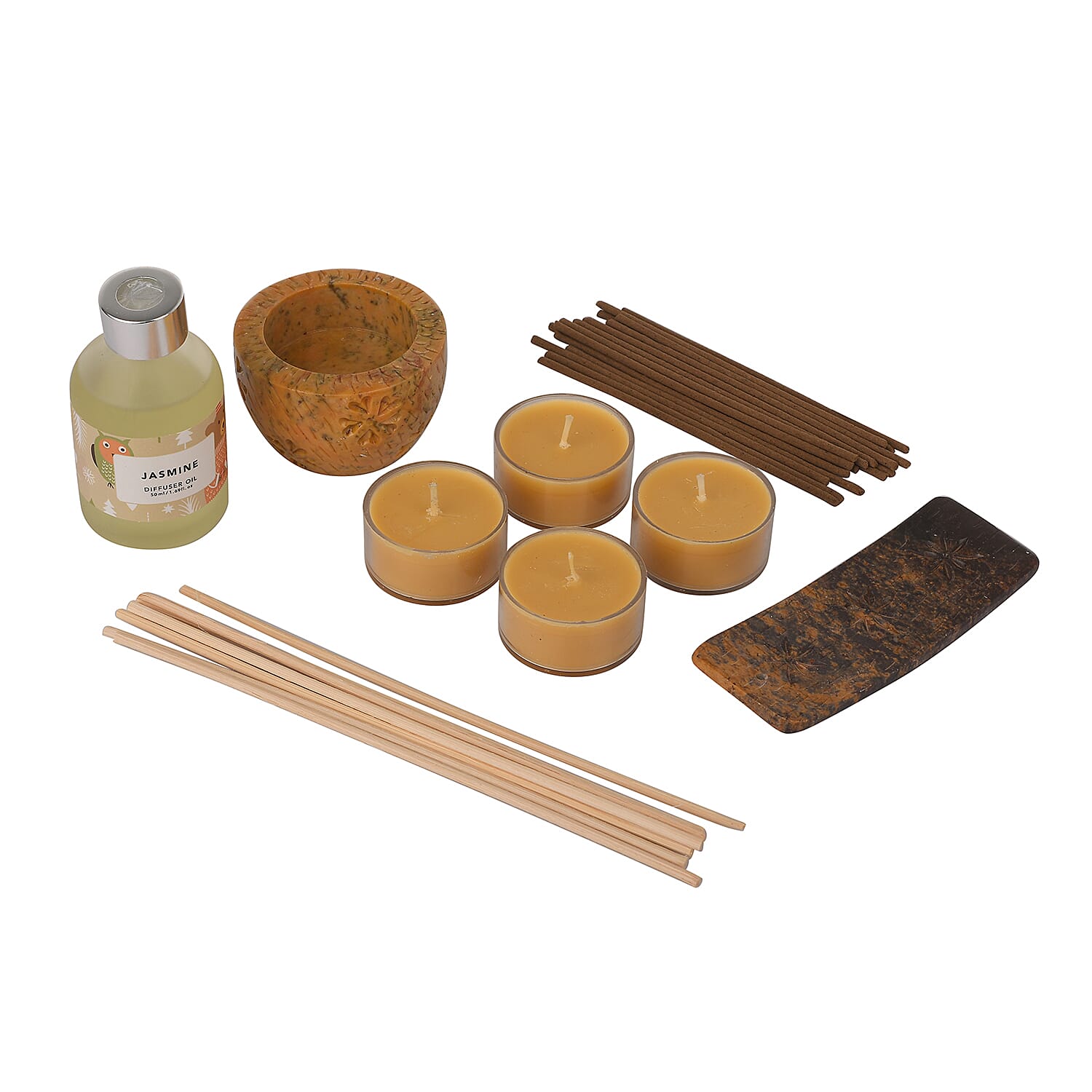 FRAGRANCE GIFT Set (Reed Diffuser, 4 Tea Lights & Incense Holder with 20 Sticks) Fragrance: Jasmine