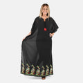 TAMSY Black Long V-Neck Mexi Kaftan with Doori & Tassels - One Size Fits Most - Sticky add to cart bar