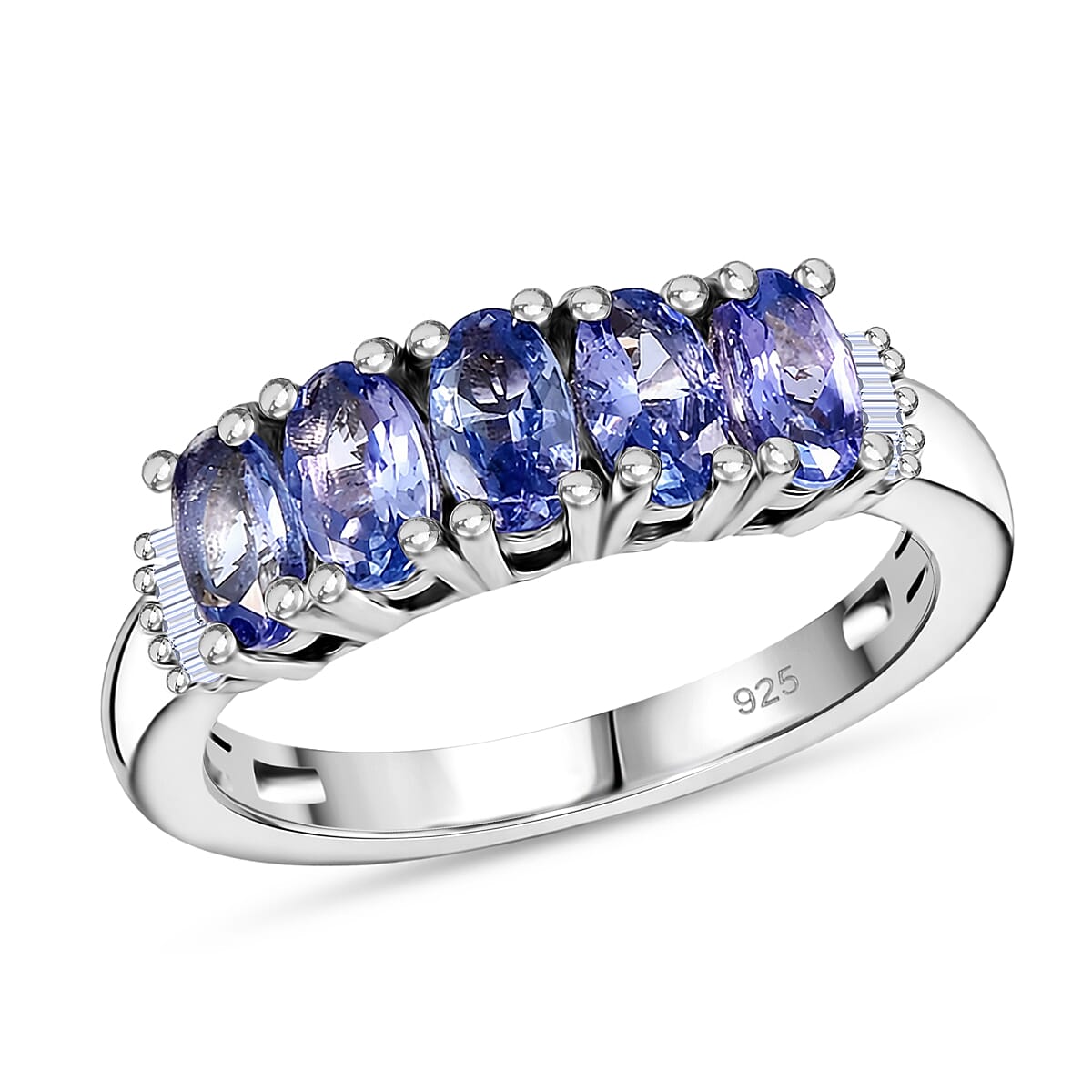 Tanzanite and White Diamond 1.20 ctw 5 Stone Ring in Platinum Over Sterling Silver (Size 10.0)