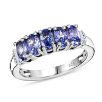 Tanzanite and White Diamond 1.20 ctw 5 Stone Ring in Platinum Over Sterling Silver (Size 10.0)