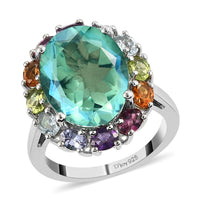 Peacock Quartz and Multi Gemstone Halo Ring in Platinum Over Sterling Silver (Size 10.0) 10.90 ctw