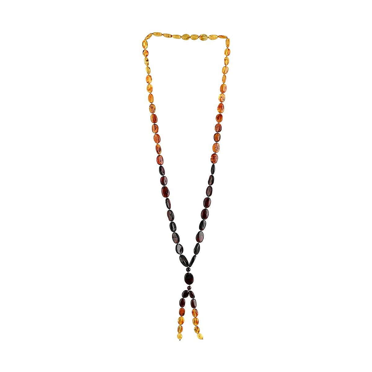 Multi Color Amber Beaded Necklace with Tassels 32 Inches in Sterling Silver