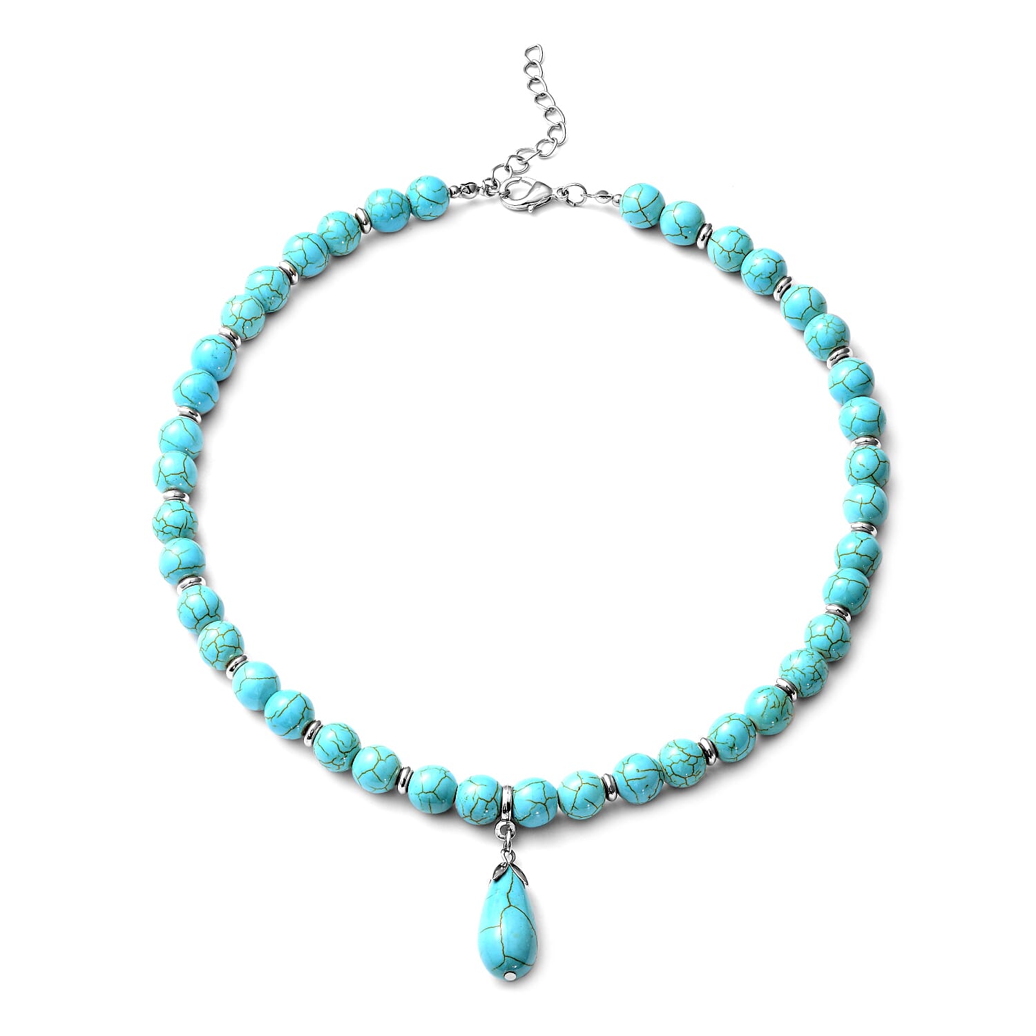 Blue Howlite Beaded Necklace with Drop Pendant 18 Inches in Silvertone 250.50 ctw