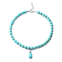Blue Howlite Beaded Necklace with Drop Pendant 18 Inches in Silvertone 250.50 ctw