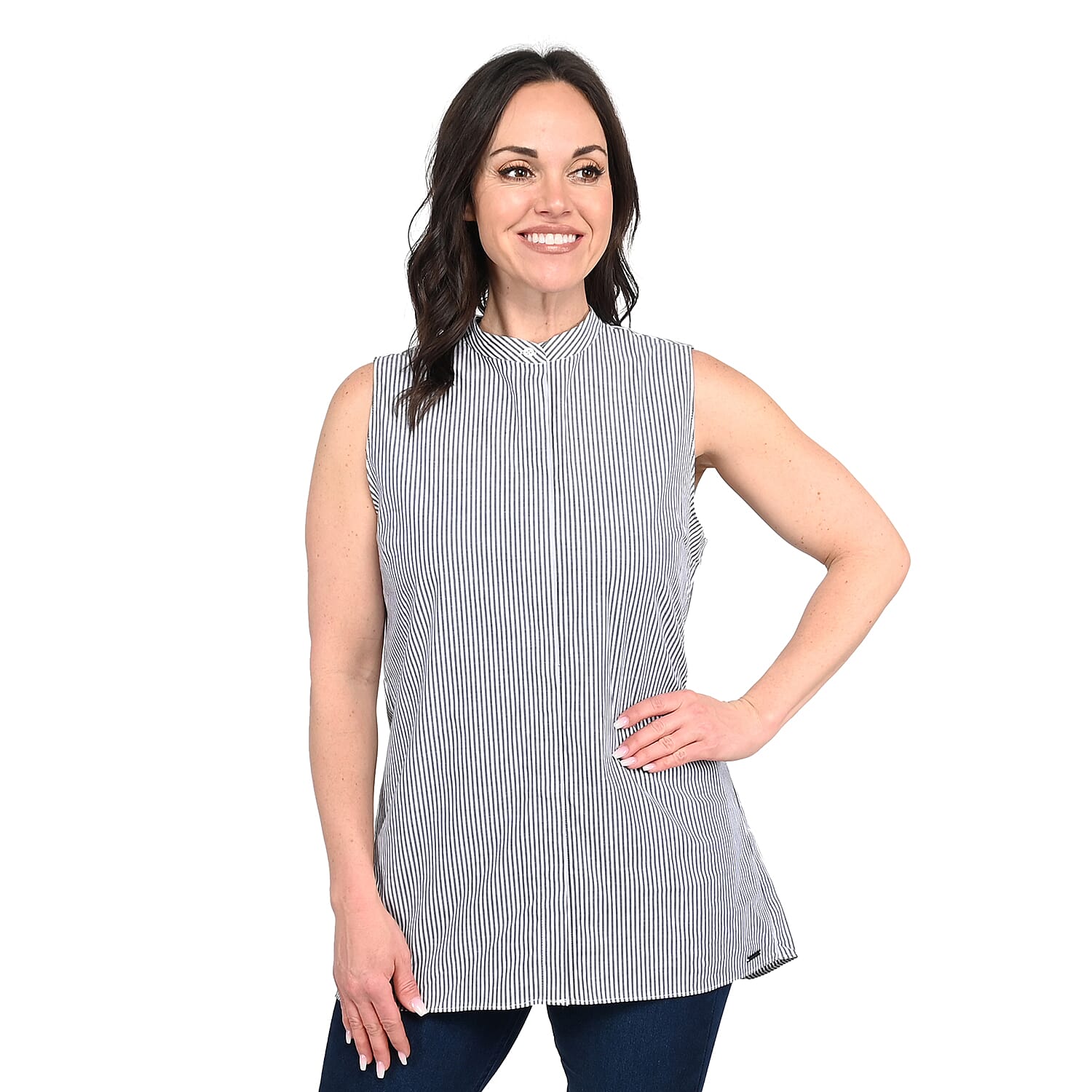 TAHARI Blue and White Striped Sleeveless Button-up Blouse - S