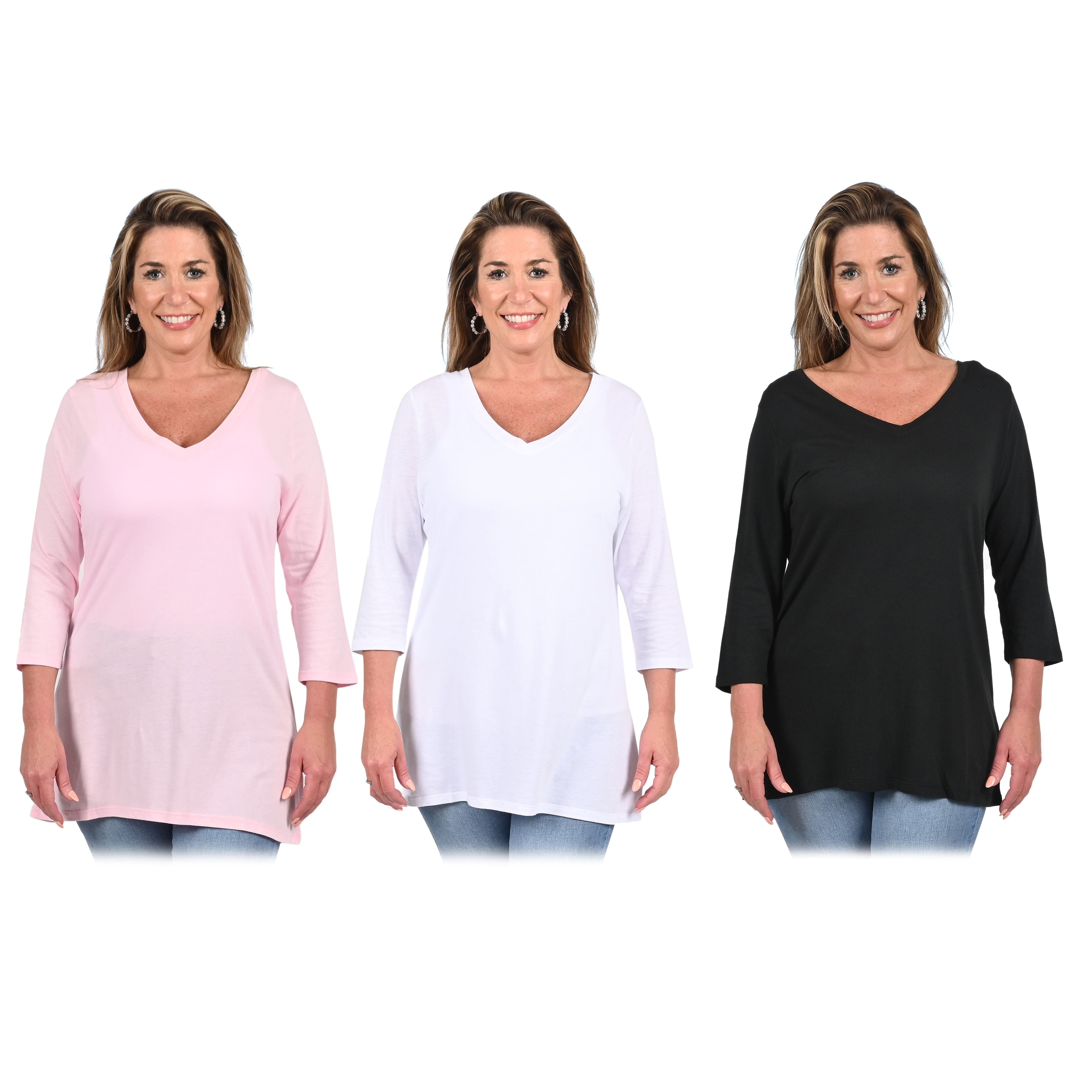 TLV Set of 3 HANES CLOSEOUT Flowy V-Neck Tunic Top - Pink, White and Black (L)