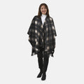 TAMSY Large Neutral Plaid Pattern Double Knit Poncho with Fringe (48"X 28.3") - Sticky add to cart bar