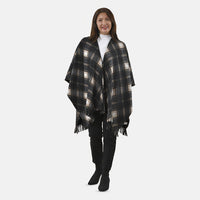 TAMSY Large Neutral Plaid Pattern Double Knit Poncho with Fringe (48"X 28.3")