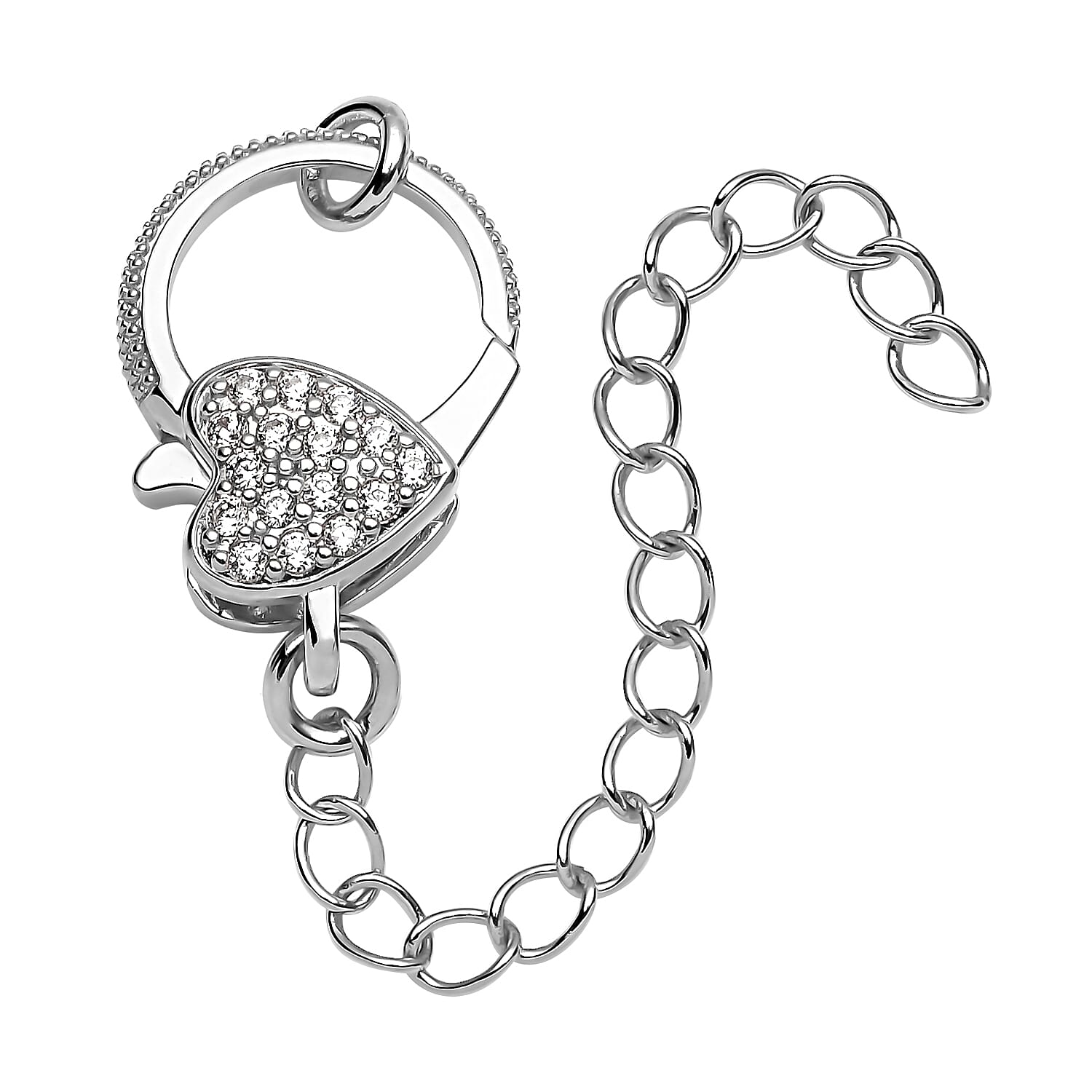 Simulated Diamond Solder Ring, Extension Chain (2 Inches) with Heart Shape Lobster Lock in Silvertone 0.30 ctw