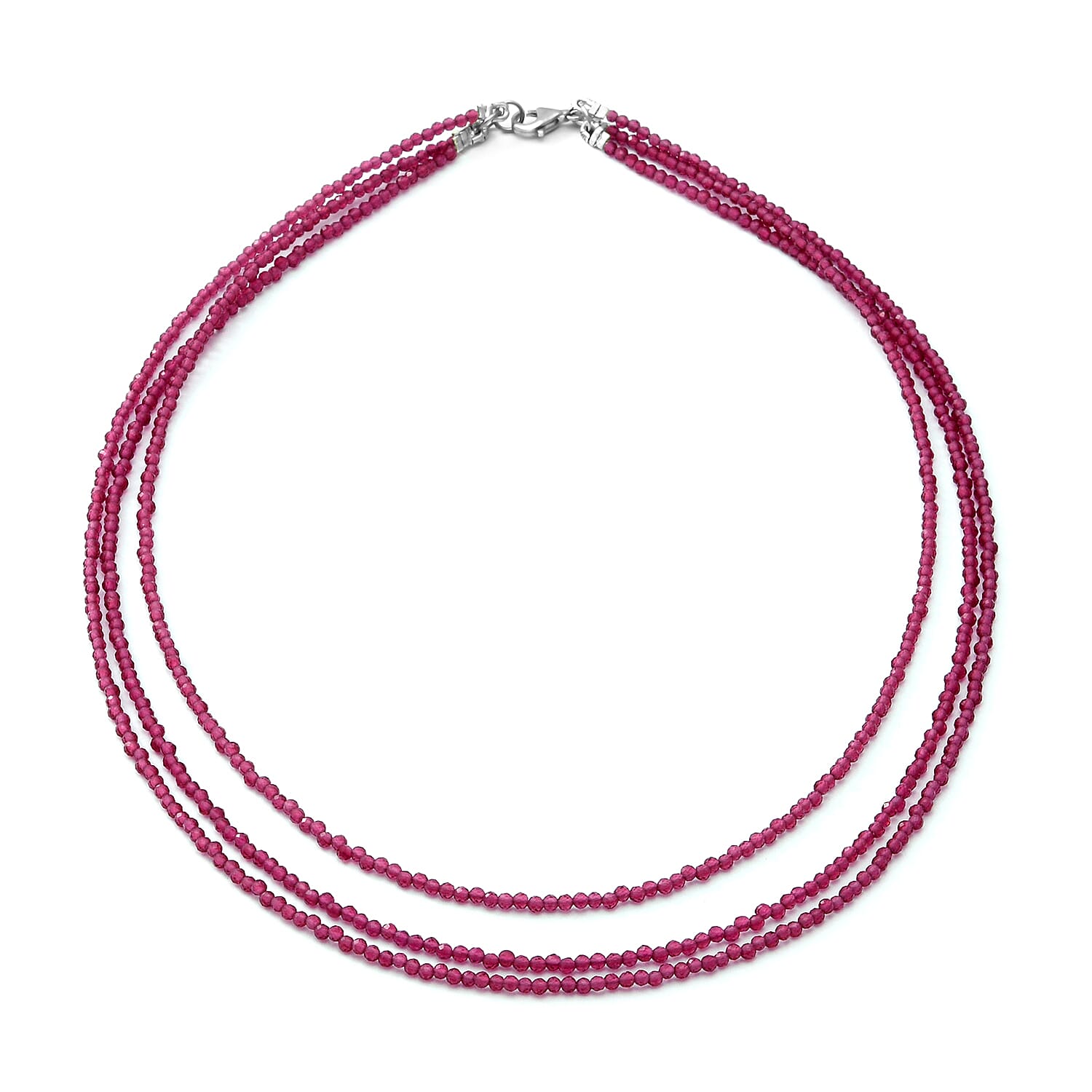 Mozambique Garnet Beaded Three Row Necklace 18 Inches with Lobster Lock in Sterling Silver 50.00 ctw