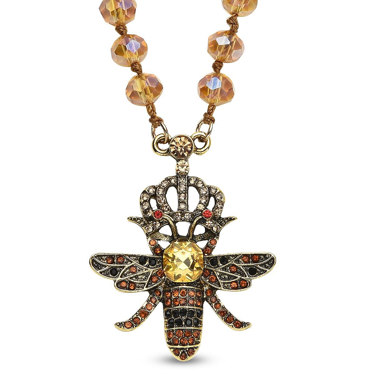 Yellow Magic Color Glass, Multi Color Austrian Crystal Honey Bee Pendant with Champagne Glass Beaded Necklace 21 Inches in Goldtone
