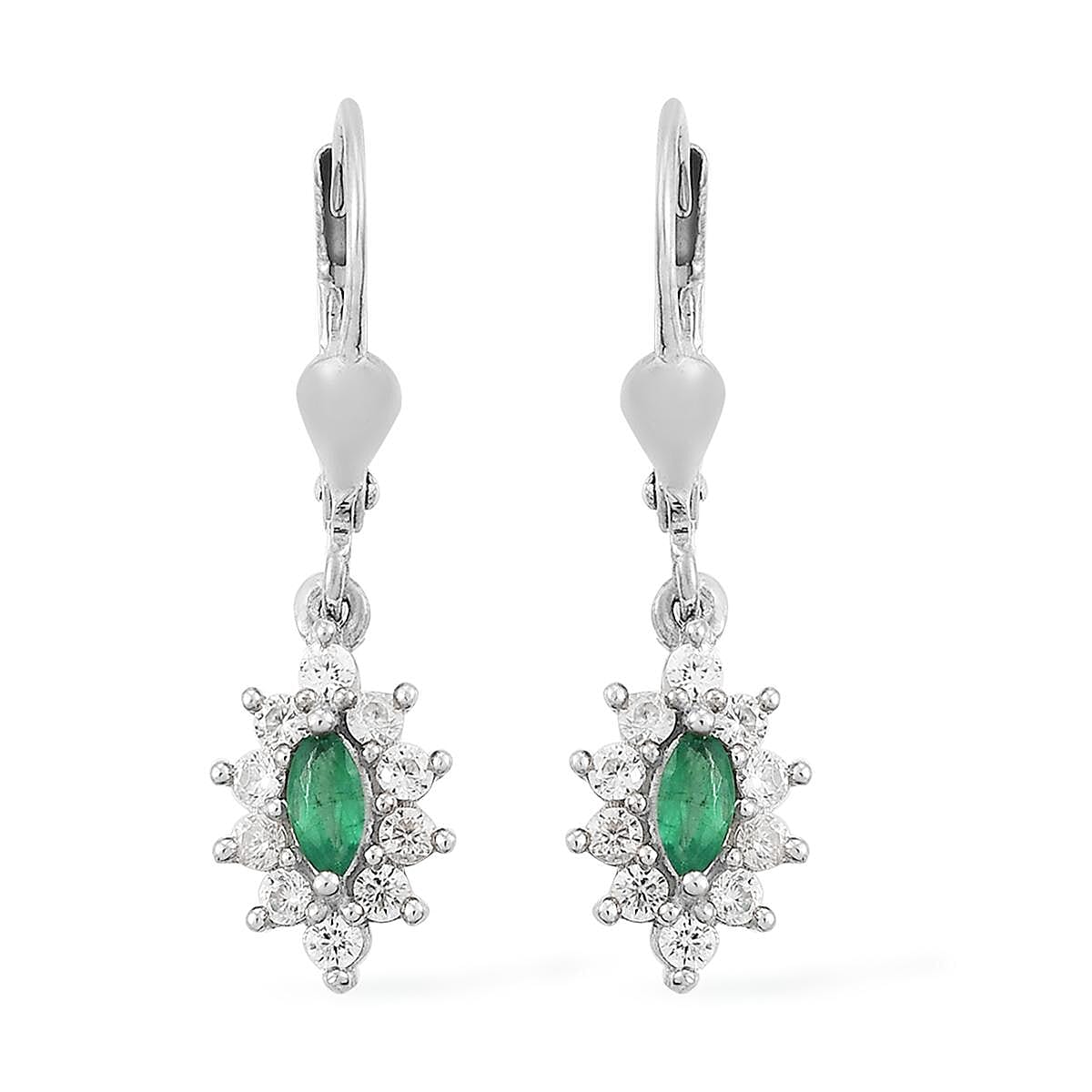 AAA Kagem Zambian Emerald and Natural White Zircon Lever Back Earrings in Platinum Over Sterling Silver 1.00 ctw