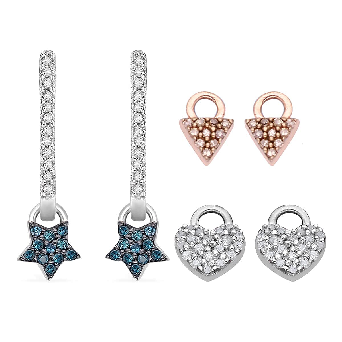 Multi Diamond Stud Earrings with Heart, Triangle and Star Charm in Vermeil YG and Platinum Over Sterling Silver 0.50 ctw