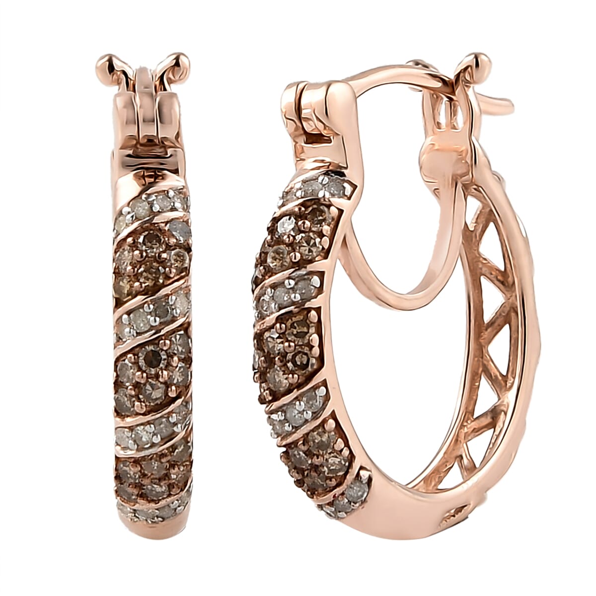 Natural Champagne and White Diamond Hoop Earrings in Vermeil Rose Gold Over Sterling Silver 0.50 ctw