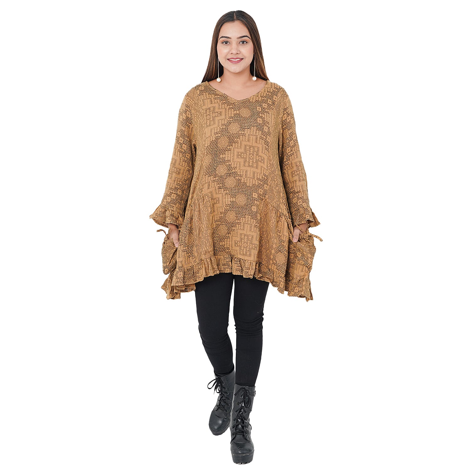 TAMSY Gold 100% Cotton Double Layer Jacquard Ruffle Hem Top - S/M (33"x24")