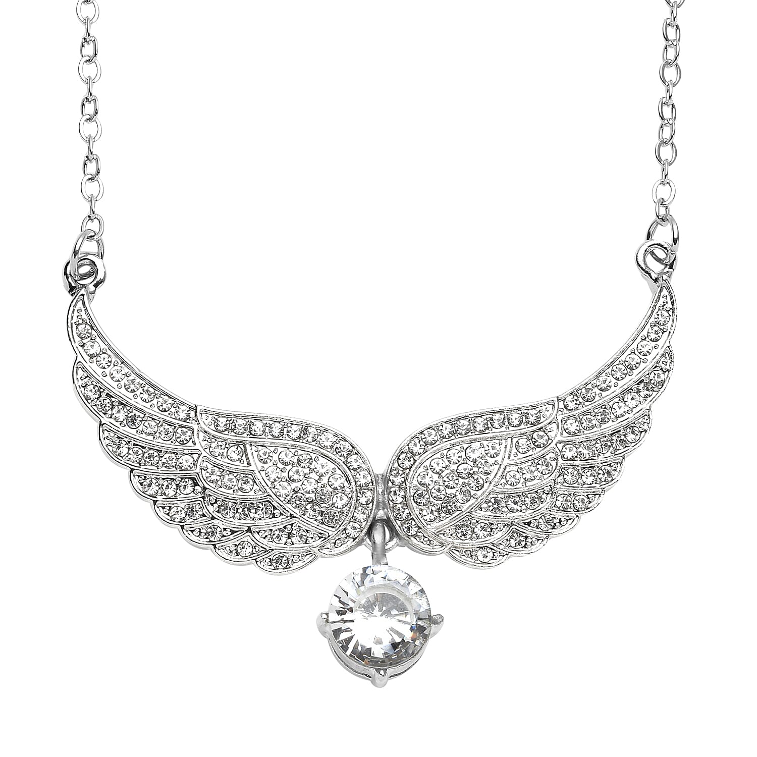 Simulated White Topaz and Austrian Crystal Angel Wings Necklace 20.5-22.5 Inches in Silvertone 1.50 ctw