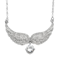 Simulated White Topaz and Austrian Crystal Angel Wings Necklace 20.5-22.5 Inches in Silvertone 1.50 ctw