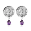 GP Roman Coin - Miracle Glow Collection Amethyst Coin Earrings with Drop Charm in Platinum Over Sterling Silver 7.25 Grams 1.60 ctw - Sticky add to cart bar