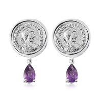 GP Roman Coin - Miracle Glow Collection Amethyst Coin Earrings with Drop Charm in Platinum Over Sterling Silver 7.25 Grams 1.60 ctw