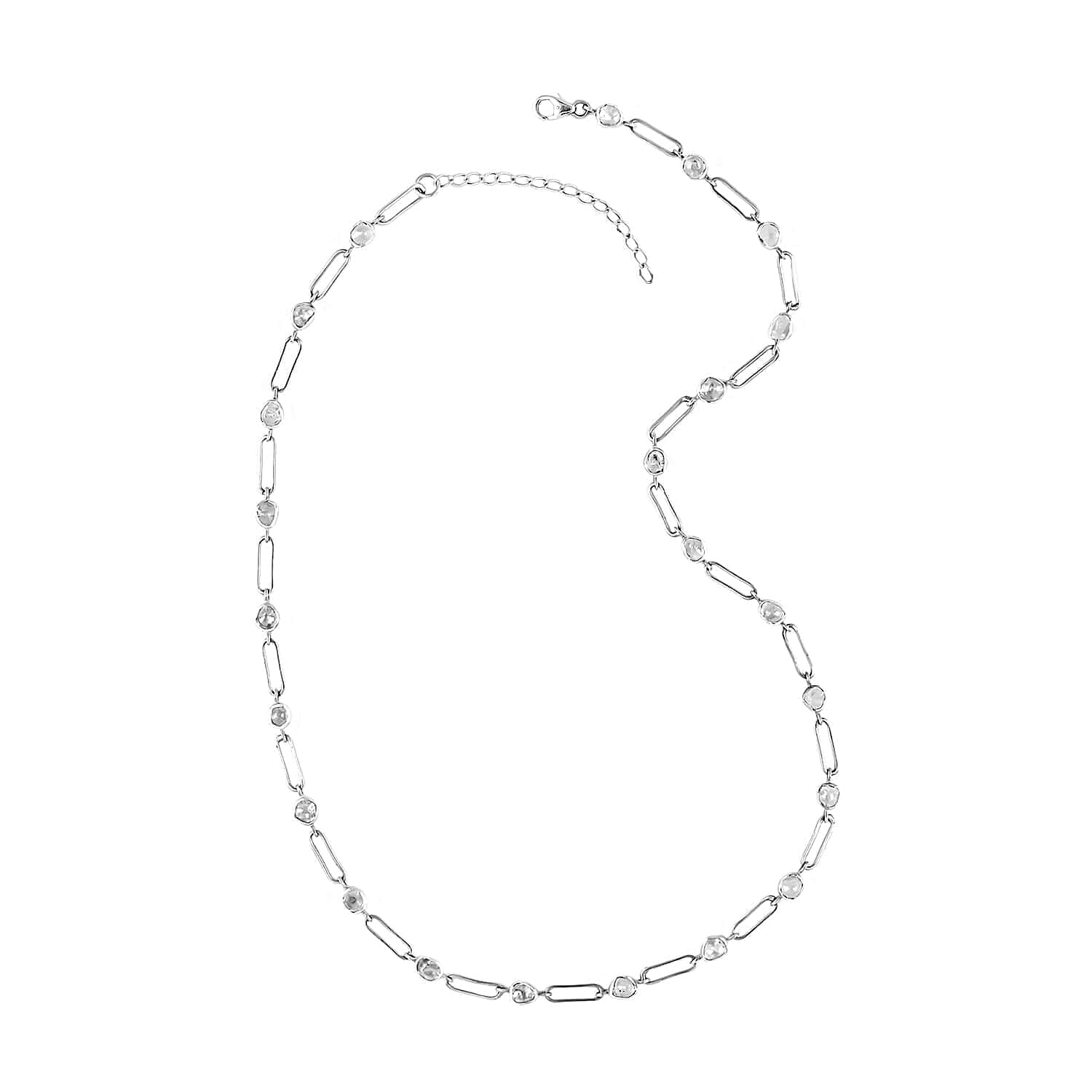 Polki Diamond Necklace in Sterling Silver, Paper Clip Necklace, Silver Chain Necklace (18 Inches) 5.00 ctw