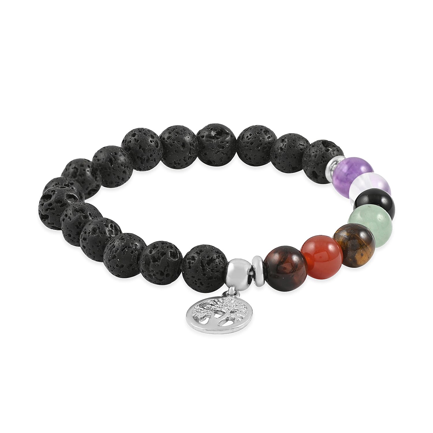 Multi Gemstone Beaded Chakra Stretch Bracelet with Tree of Life Charm in Silvertone 25.00 ctw