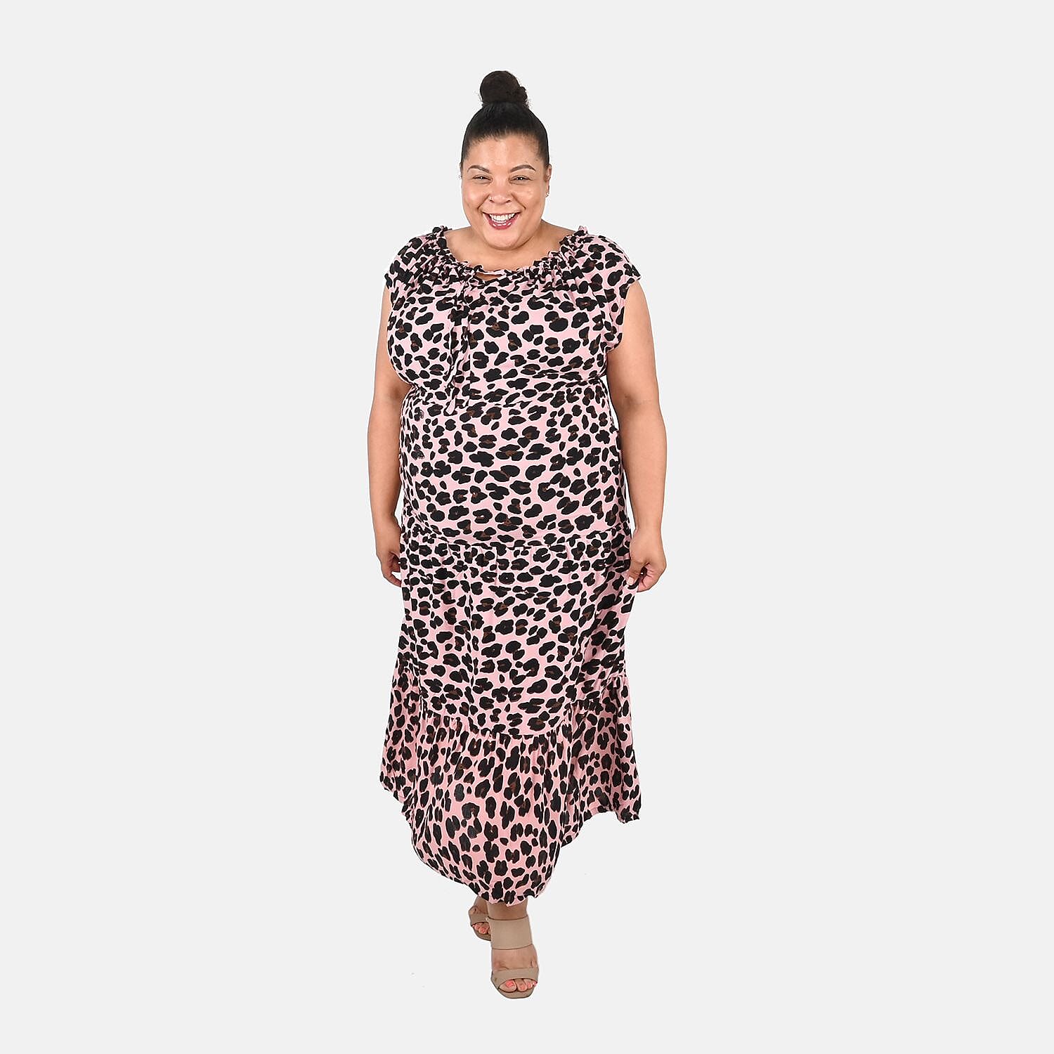 Tamsy Pink Rayon Tropical Printed Maxi Dress - One Size Fits Most