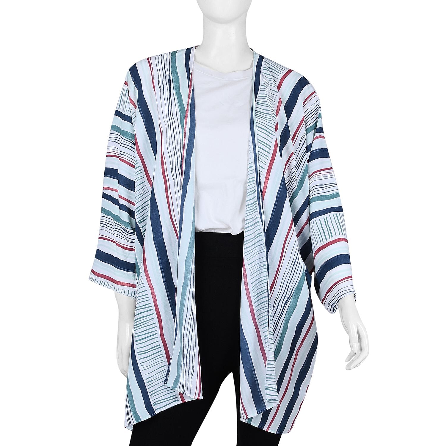 Tamsy White Stripe Pattern Kimono - One Size Fits Most