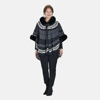 TAMSY Black Half Moon Faux Fur Lined Hooded Poncho with Snap on Button Closure - One Size Fits Most