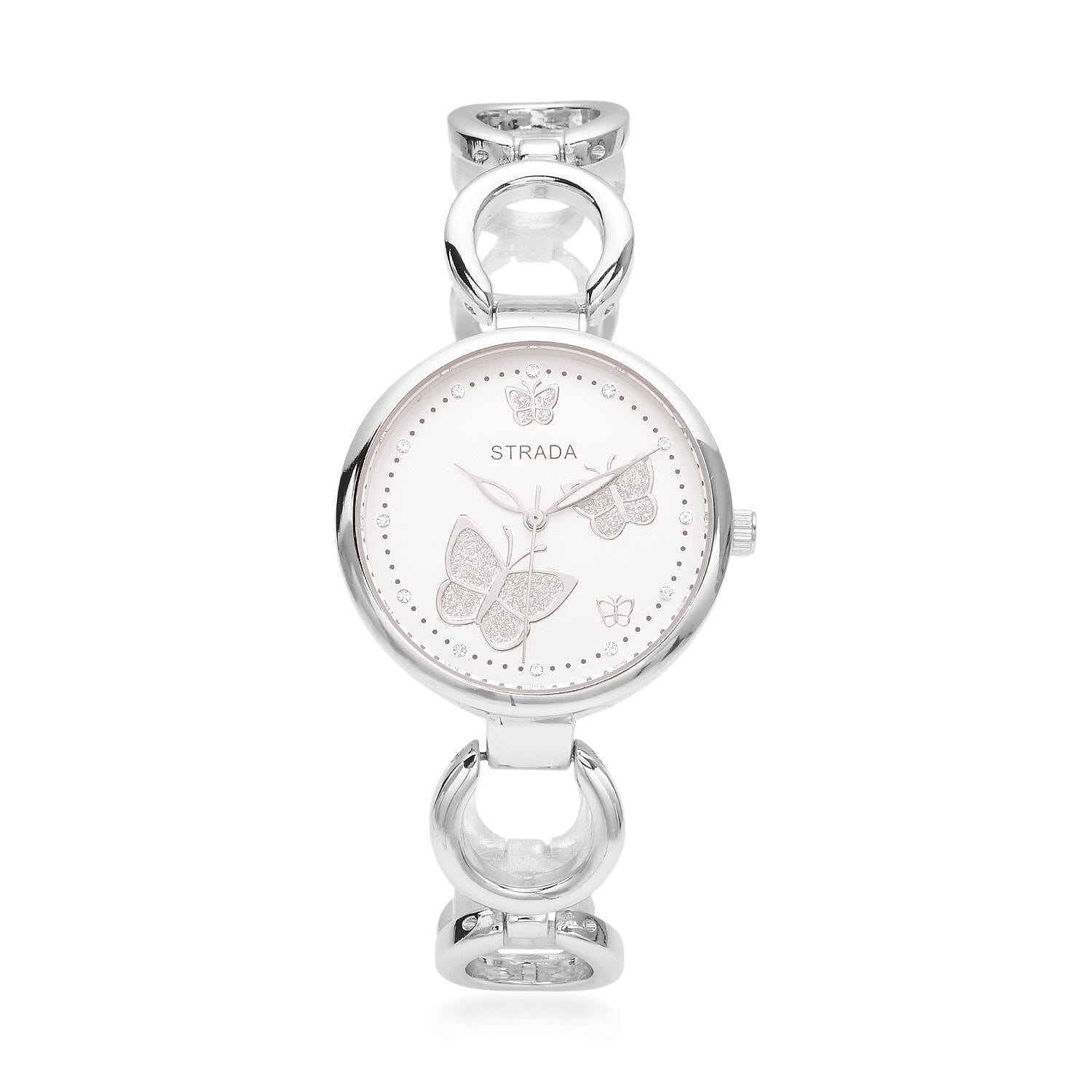STRADA Austrian Crystal Japanese Movement Butterfly Watch in Silvertone (36.30 g) (8.50 in) 0.05 ctw