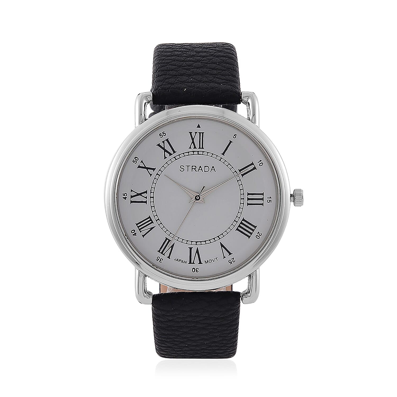 Strada Japanese Movement Watch in Silvertone with Black Faux Leather (41.9mm)