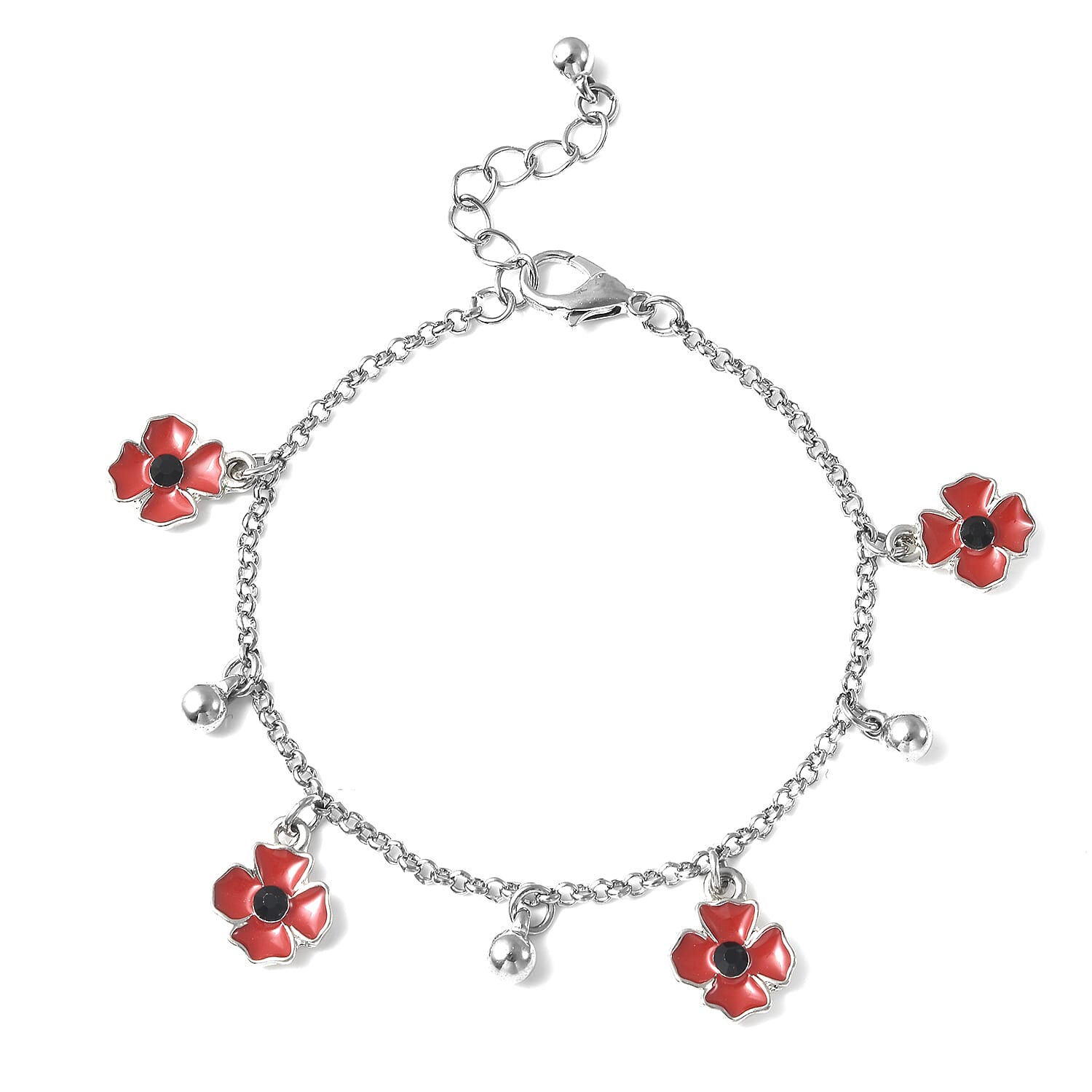 Black Austrian Crystal and Enameled Adjustable Poppy Charm Bracelet in Silvertone