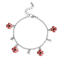 Black Austrian Crystal and Enameled Adjustable Poppy Charm Bracelet in Silvertone