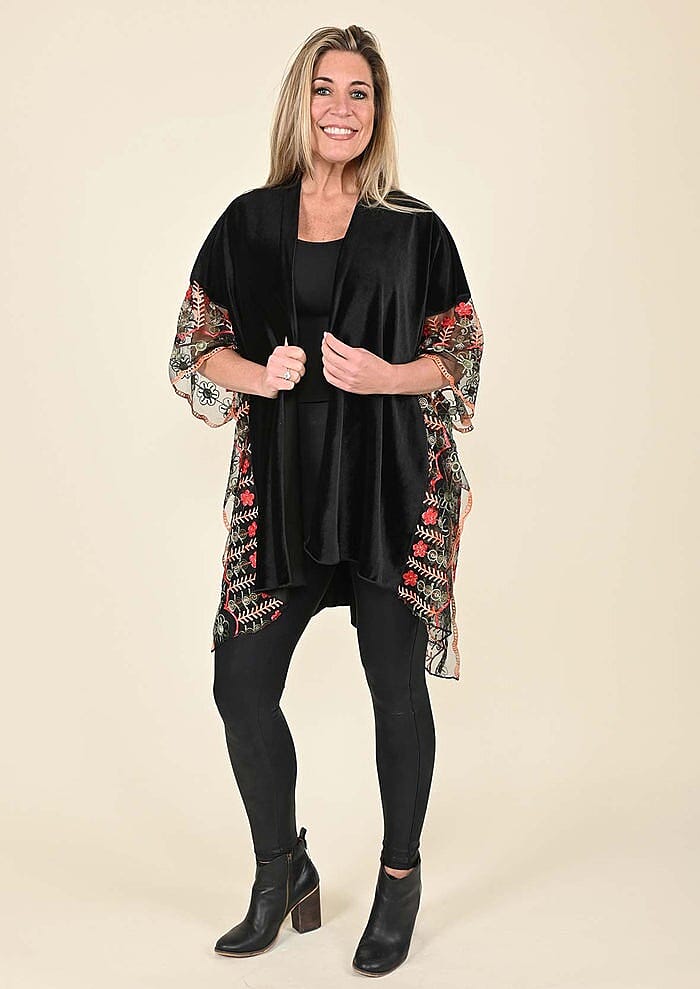 TAMSY Black 100% Polyester Velvet Kimono with Multicolor Floral Embroiderd Sleeve (43"x30")