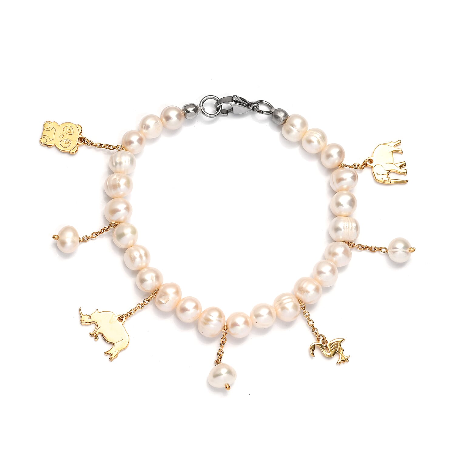 KARIS Freshwater Pearl Bracelet with Charm in ION Plated 18K Yellow Gold and Platinum Bond (6.50 In)