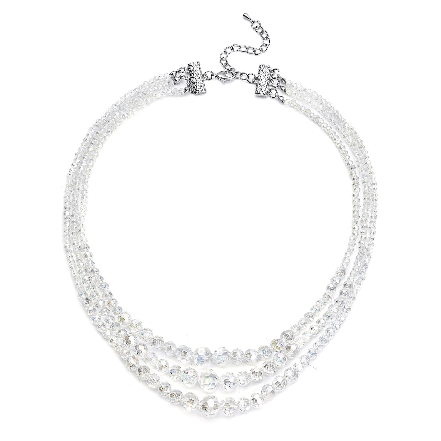 White Mystic Color Glass Beaded 3 Row Necklace 20-22 Inches in Silvertone