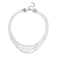 White Mystic Color Glass Beaded 3 Row Necklace 20-22 Inches in Silvertone