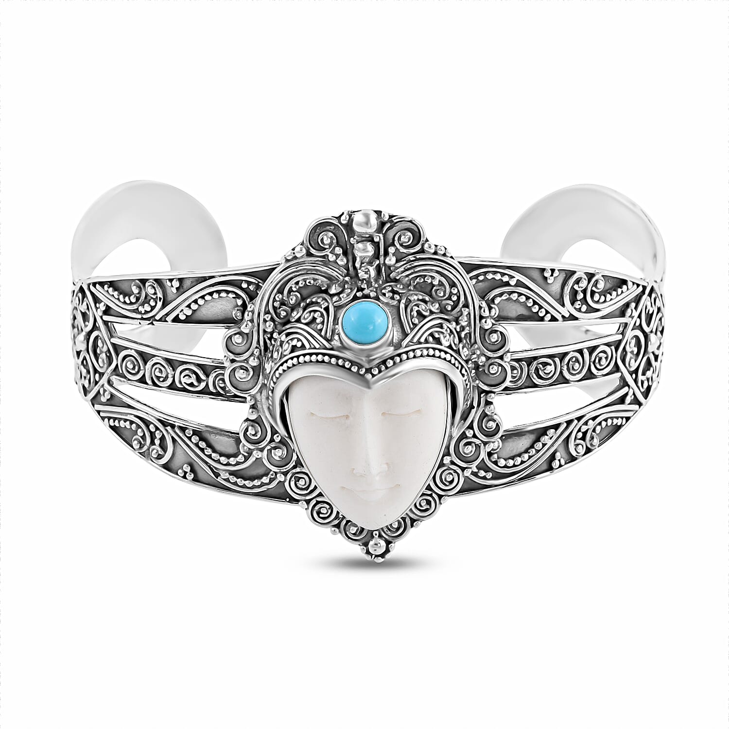 DOORBUSTER BALI GODDESS Carved Bone, Natural Arizona Sleeping Beauty Turquoise Cuff Bracelet in Sterling Silver (7.25 In) (39.55 g) 0.65 ctw