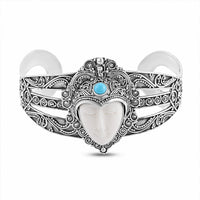 DOORBUSTER BALI GODDESS Carved Bone, Natural Arizona Sleeping Beauty Turquoise Cuff Bracelet in Sterling Silver (7.25 In) (39.55 g) 0.65 ctw