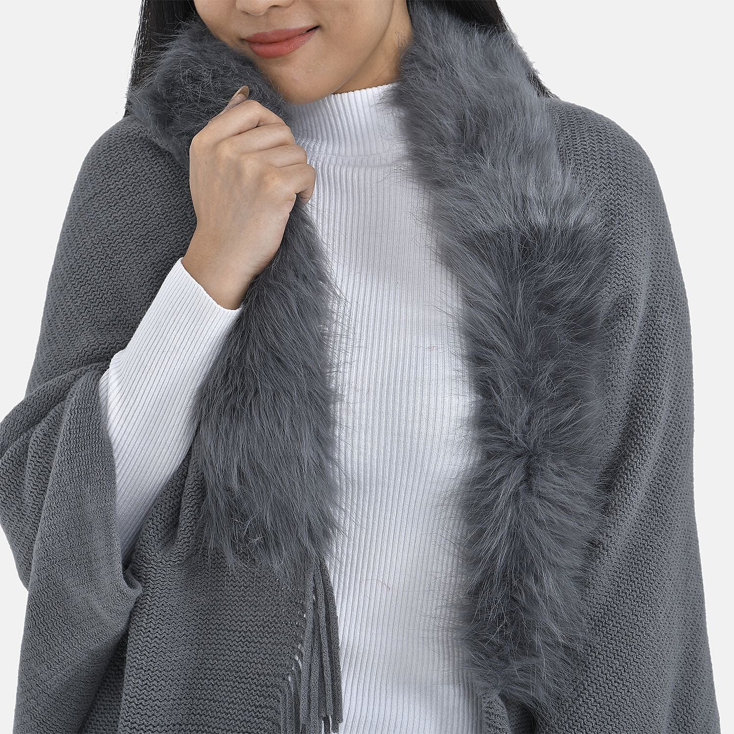 TAMSY Black Trendy and Luxurious Faux Fur Trimmed Kimono with Fringes - One Size Fits Most