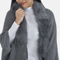 TAMSY Black Trendy and Luxurious Faux Fur Trimmed Kimono with Fringes - One Size Fits Most - Sticky add to cart bar