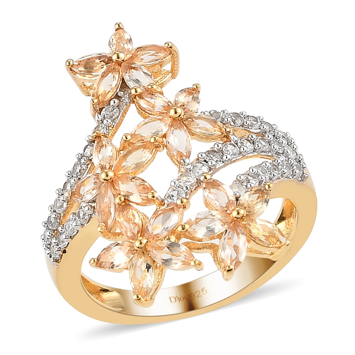 Premium Natural Imperial Topaz and Natural White Zircon Bypass Flowers Ring in Vermeil Yellow Gold Over Sterling Silver 3.00 ctw