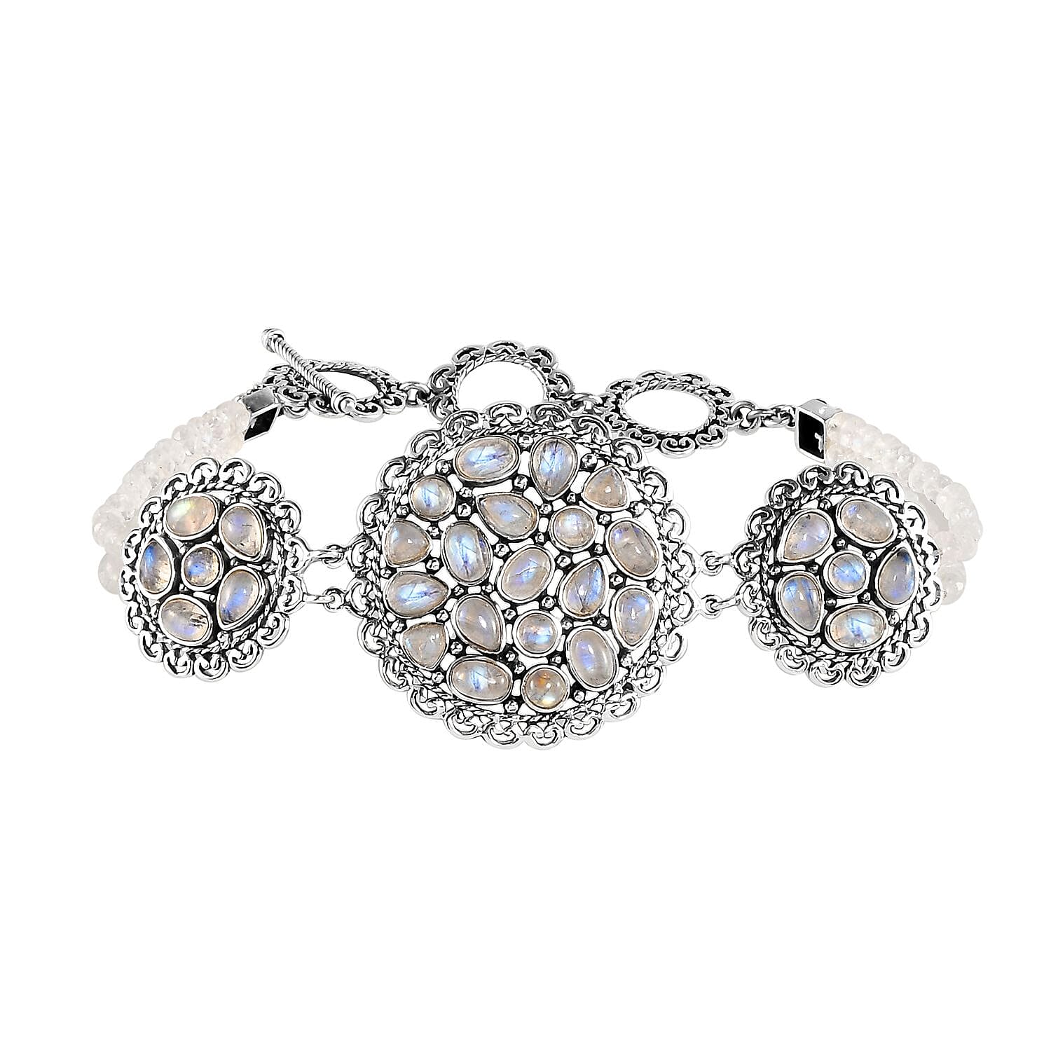 Artisan Crafted Kuisa Rainbow Moonstone Bracelet in Sterling Silver (7.25 In) 31.75 ctw