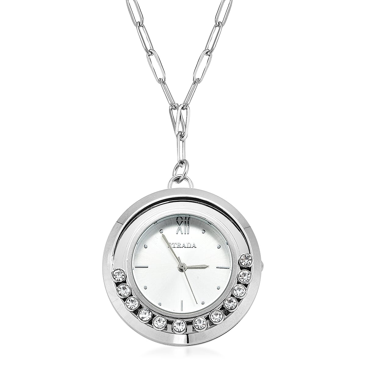 STRADA Japanese Movement Moving Austrian Crystal Small Pocket Watch with Stainless Steel Paper Clip Chain (27-30 Inches)
