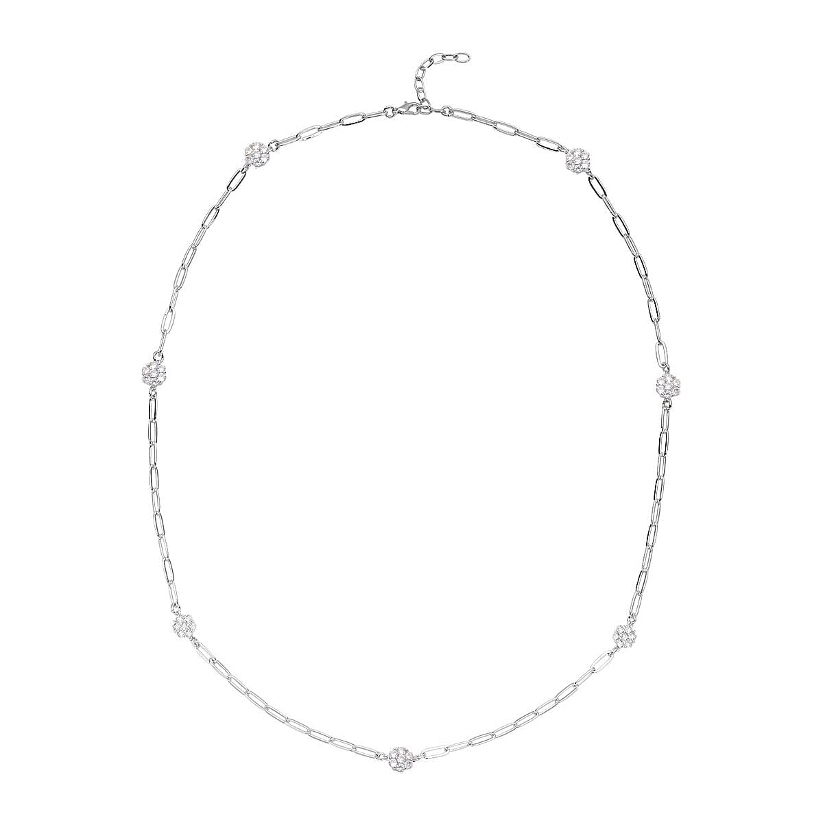 Simulated Diamond Paper Clip Chain Station Necklace 28 inches in Silvertone