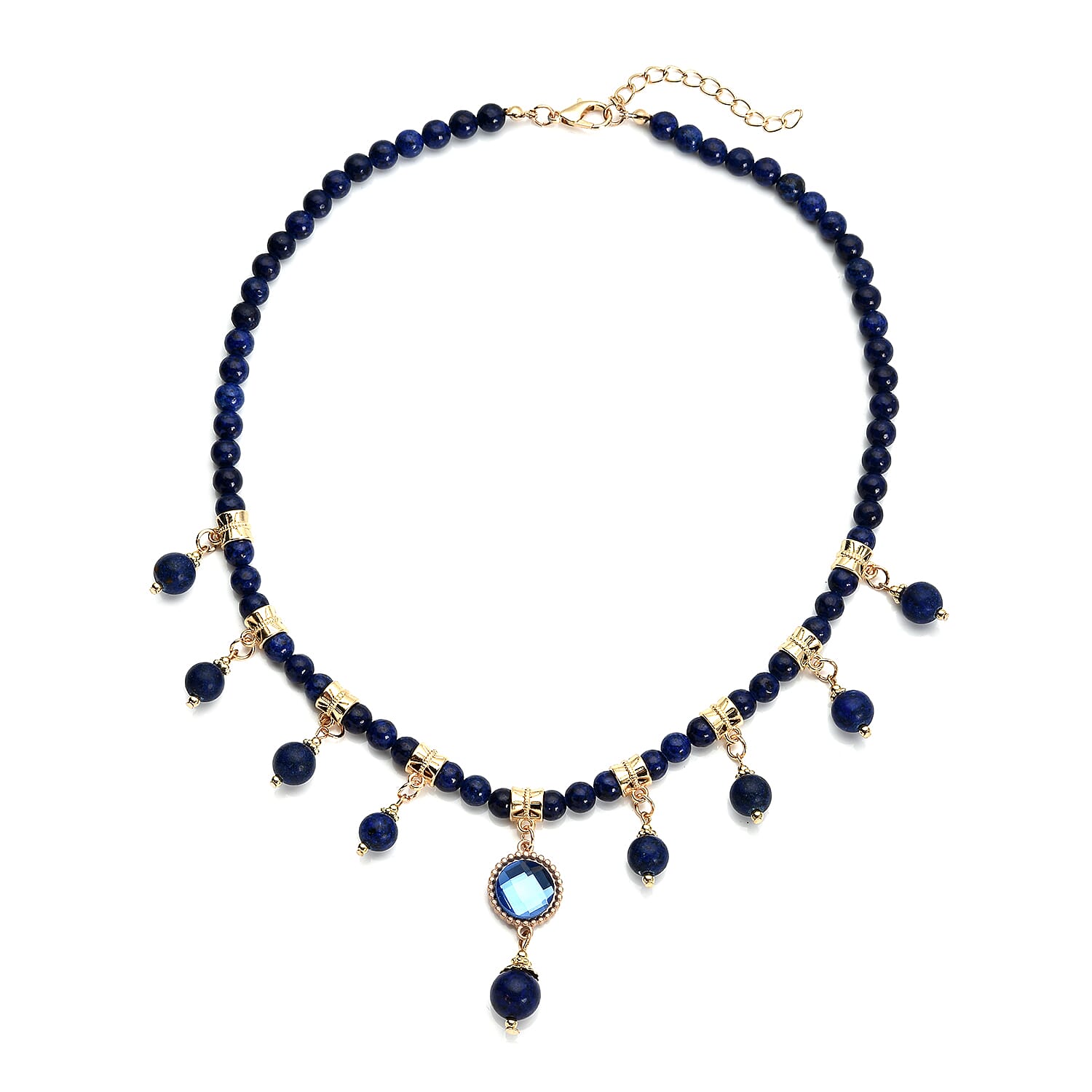 Lapis Lazuli and Blue Glass Beaded Station Necklace 18-20 Inches in Goldtone 165.00 ctw