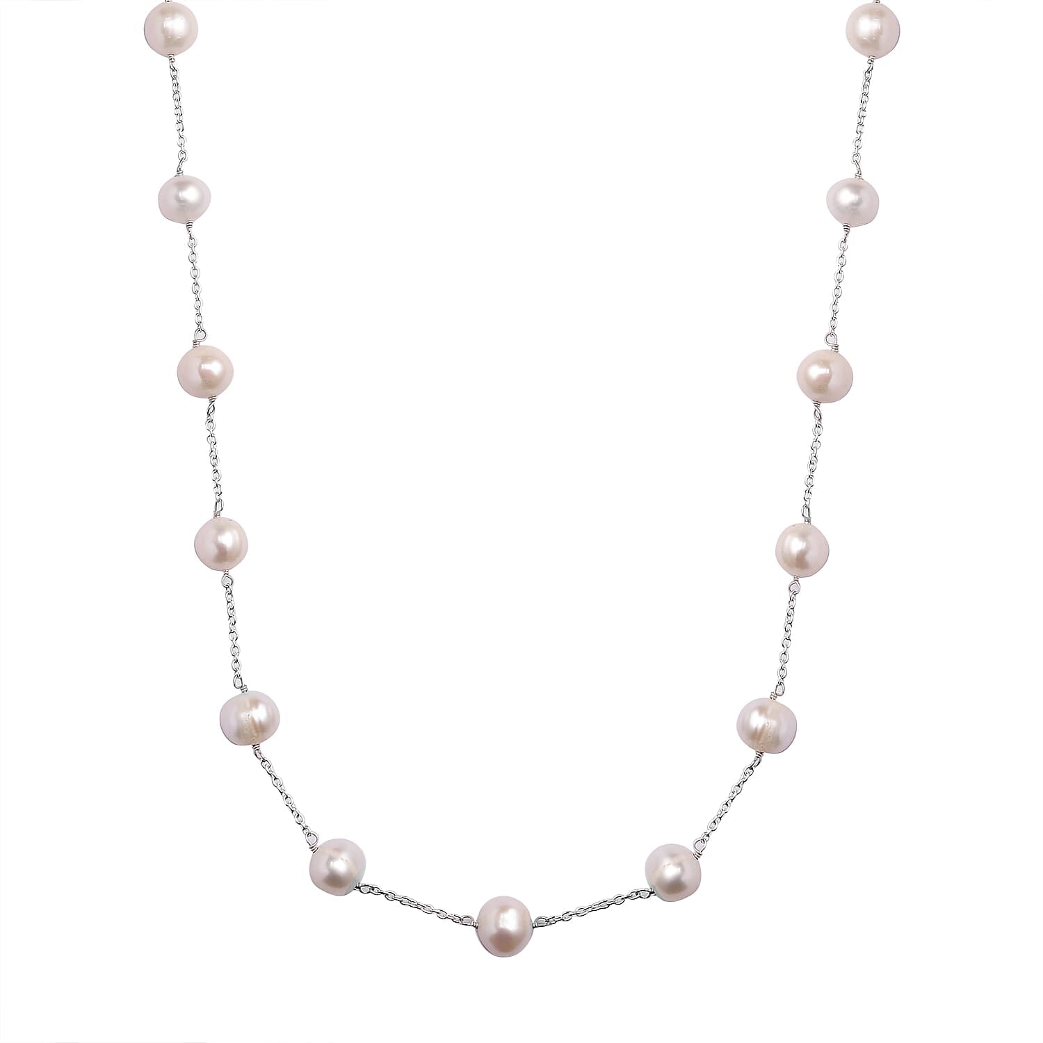 Freshwater Pearl Station Necklace 18 Inches in Sterling Silver 41.60 ctw