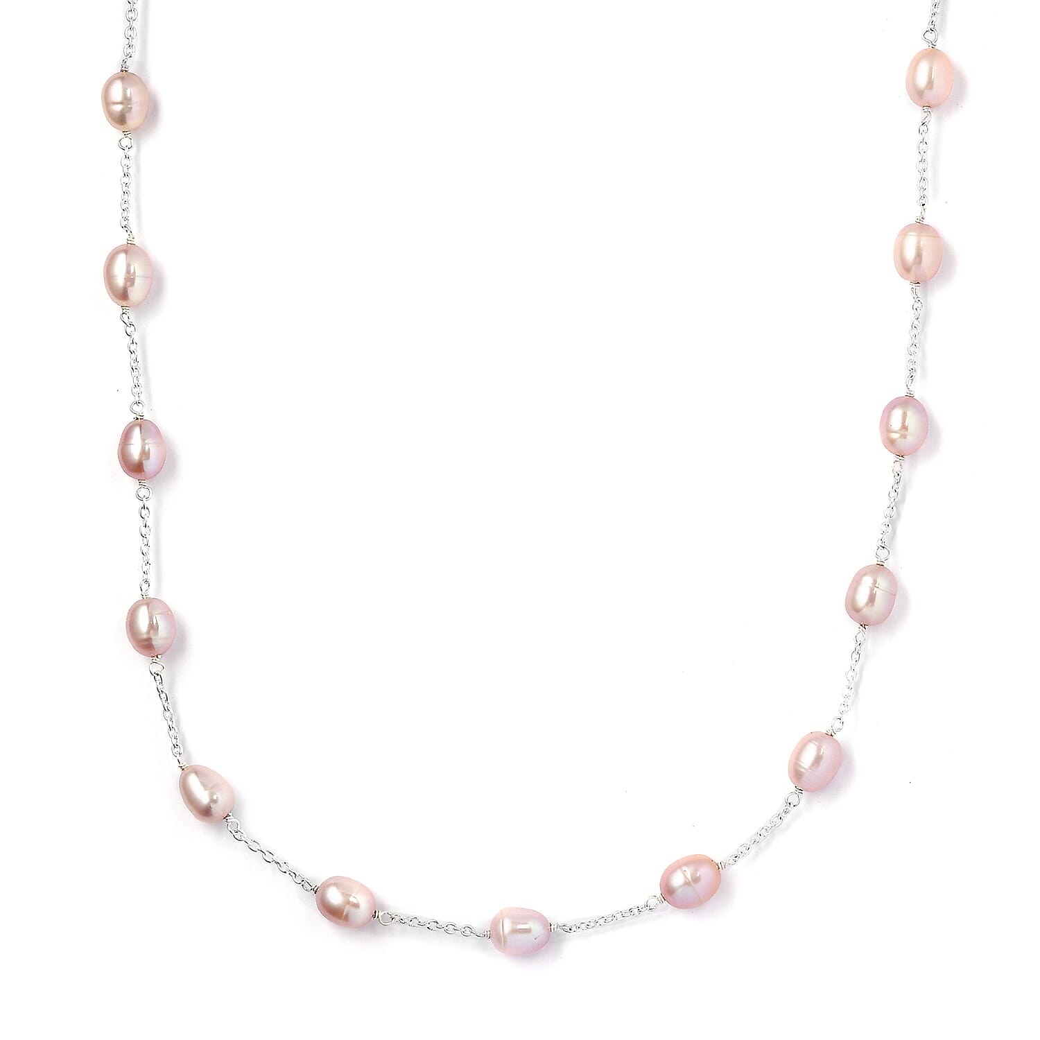Freshwater Pearl Station Necklace 18 Inches in Sterling Silver 41.60 ctw