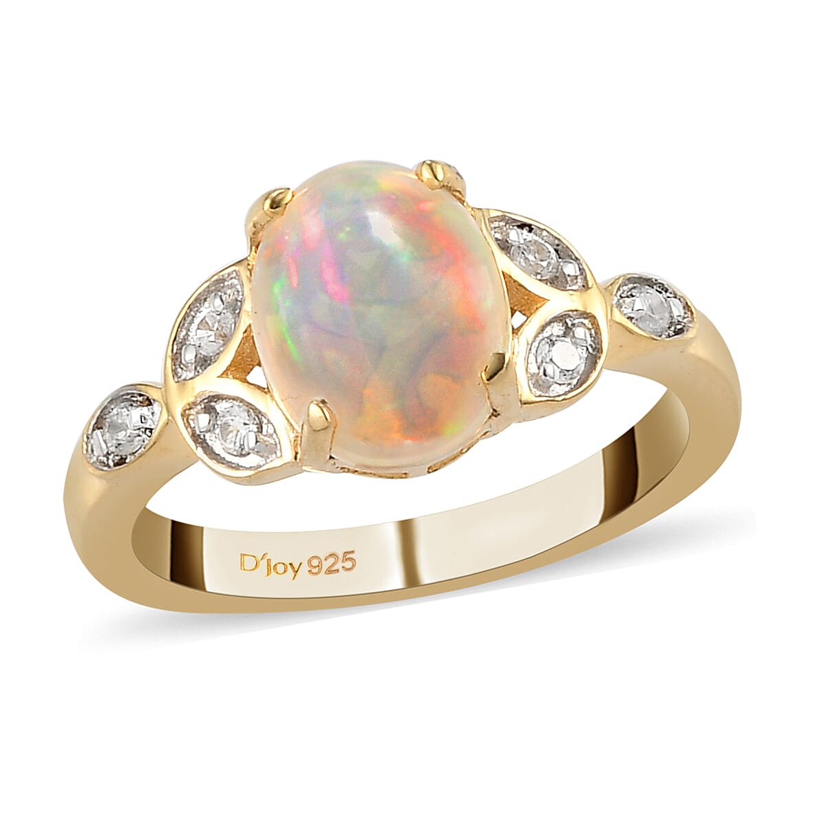 Ethiopian Welo Opal and Natural White Zircon Ring in Vermeil Yellow Gold Over Sterling Silver (Shipped in 5-7 Business Days) 1.25 ctw