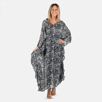 TAMSY Black Poly Chiffon Kaftan With Waist Tie Drawstring & Ruffle Hem - One Size Fits Most